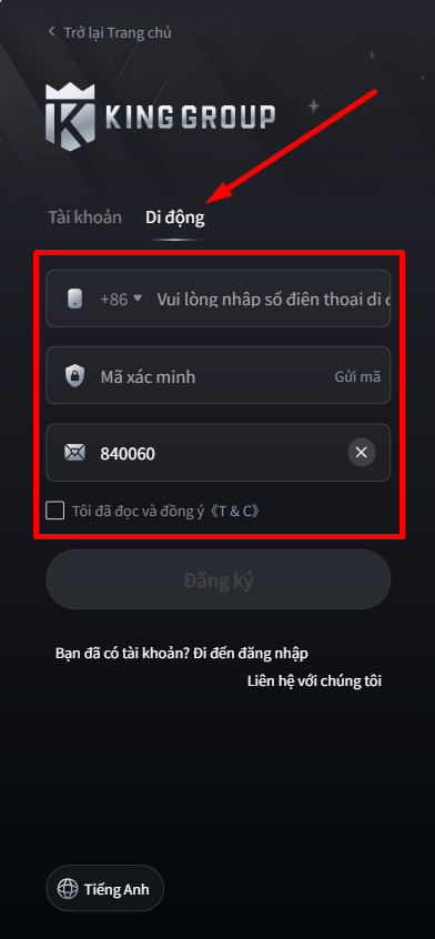 Điền số điẹn thoại nếu chọn nút Di động