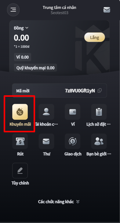 Nhấn vào "Khuyến Mãi" để xem các ưu đãi